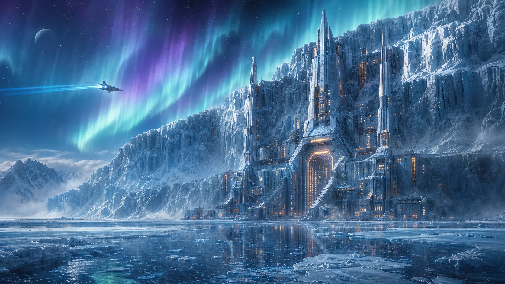Exploración · Ciudadela glaciar · cielos de aurora